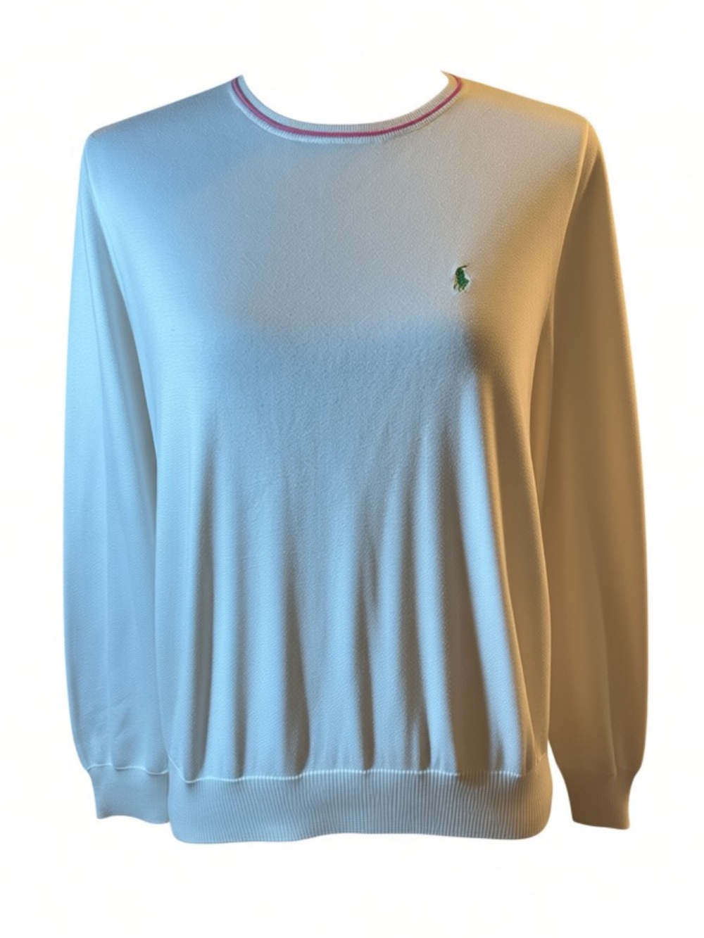 Ralph Lauren Golf White Crewneck Sweater with Pink Neck Trim